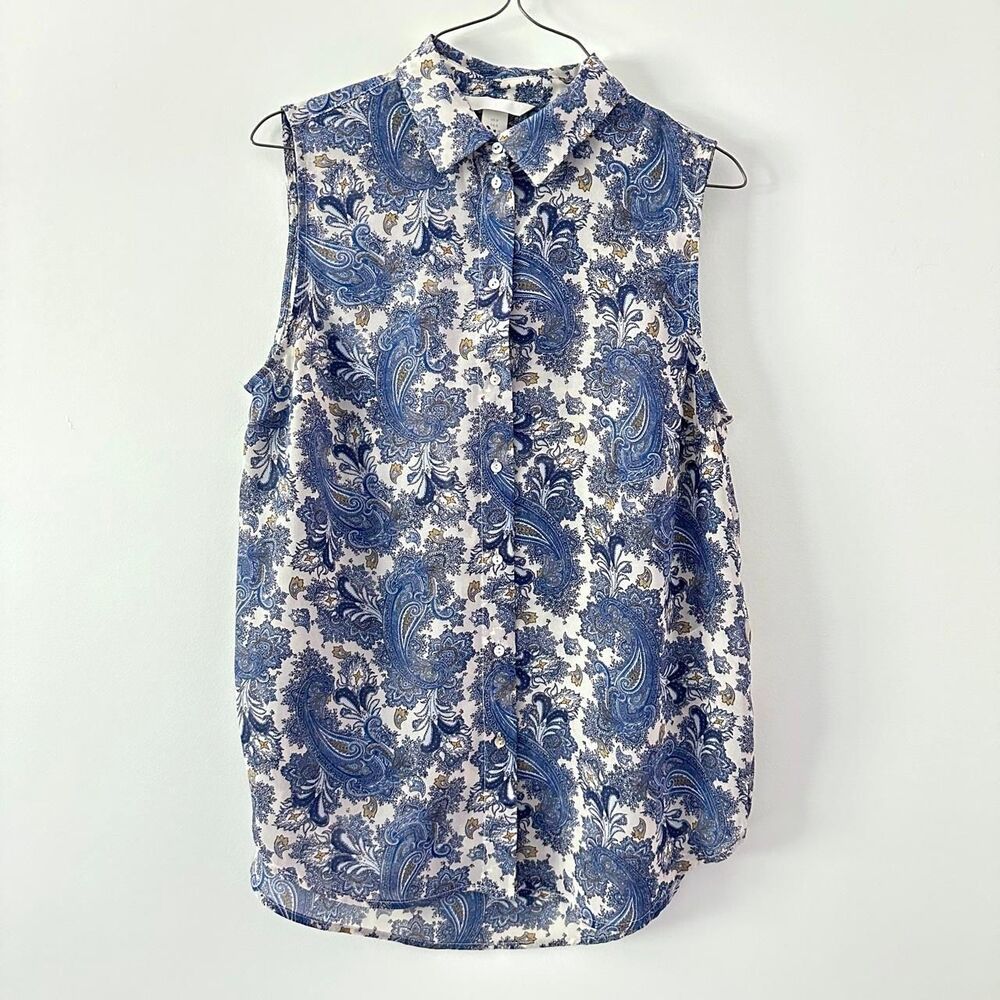 H&M Paisley Sleeveless Blouse Women 8 Medium Boho Indie Collared Button Up